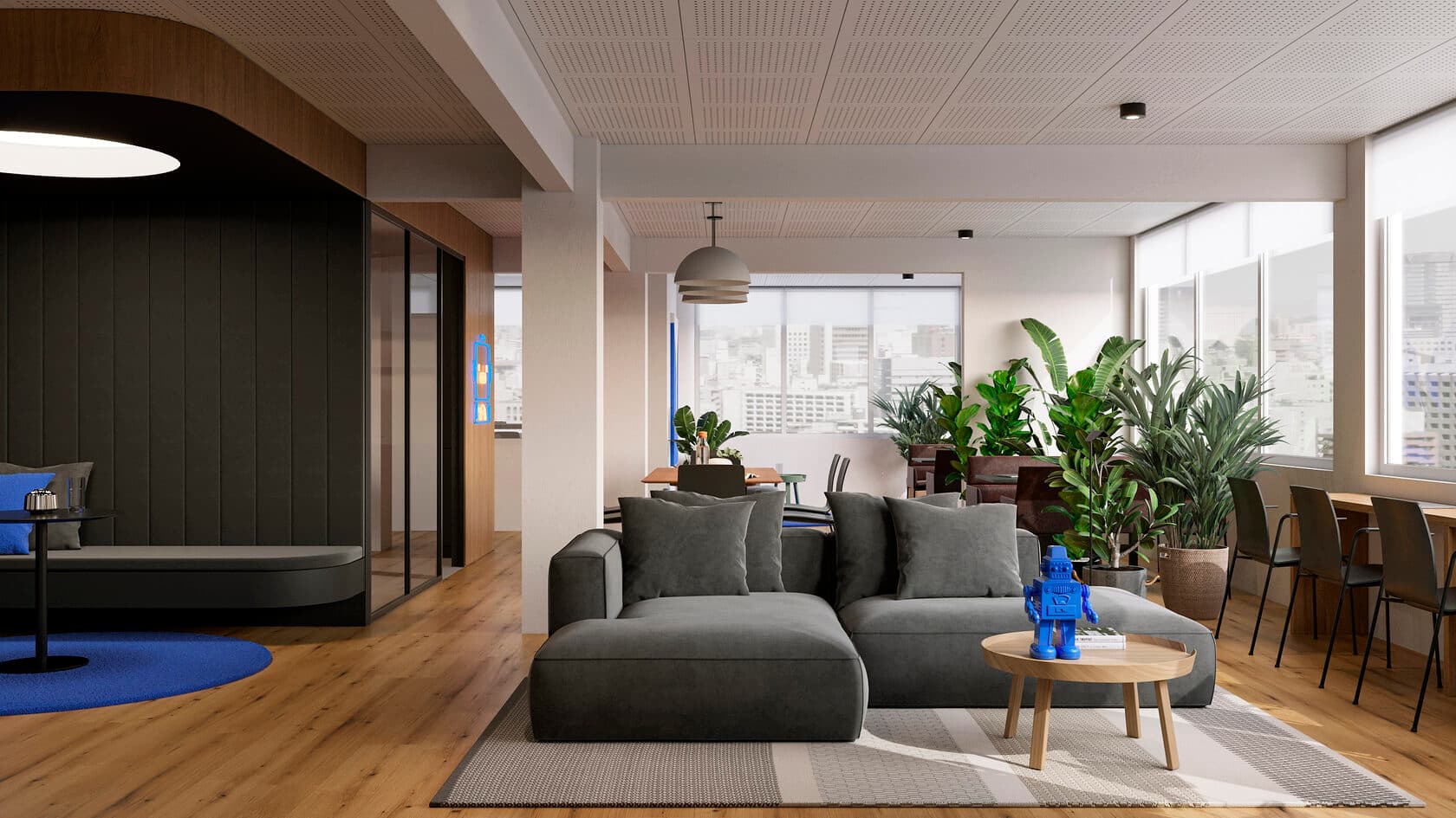 Strefa regeneracji w biurze — lounge z miękkim siedziskiem