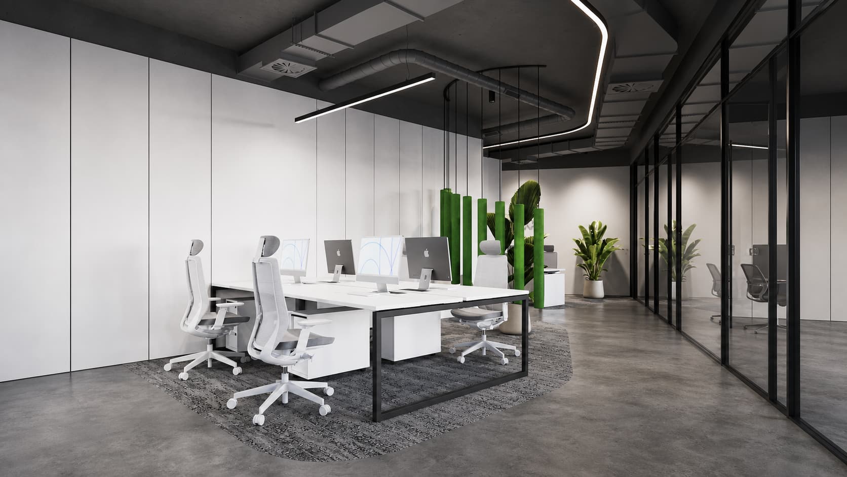 Team room w biurze — przestrzeń robocza dla zespołu pracującego nad AI