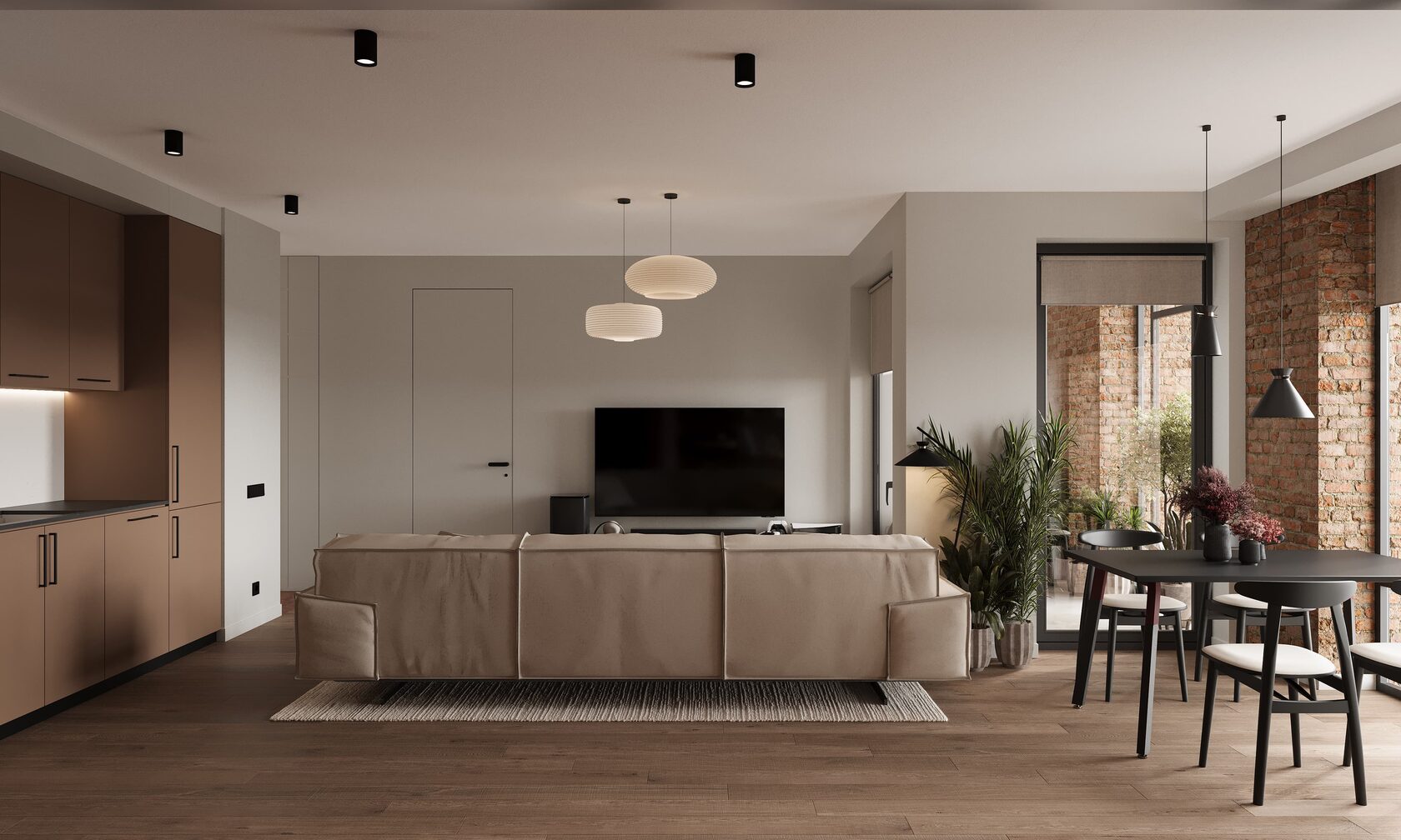 Salon połączony z kuchnią w mieszkaniu 510LSC – nowoczesny design TENGO